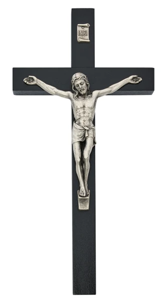 10" Black Painted Wood Wall Crucifix with Silver Corpus 81-78B