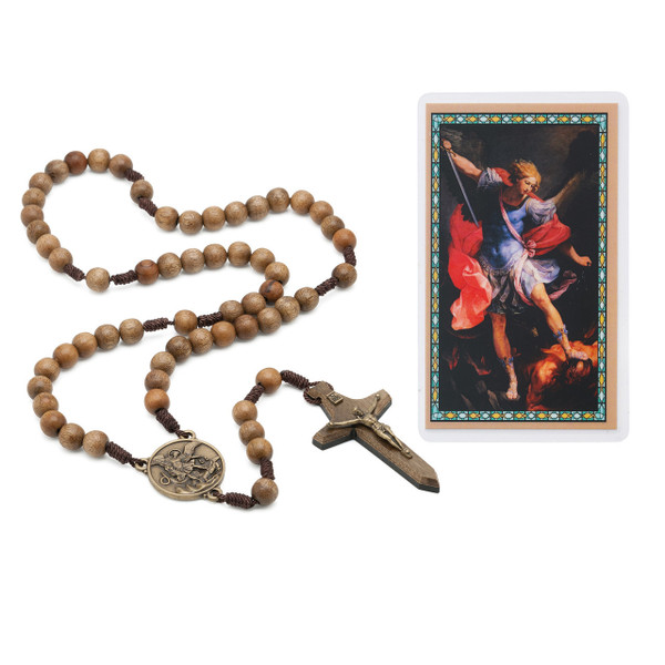 10mm Wood St. Michael Sword Rosary with Holy Card P535R