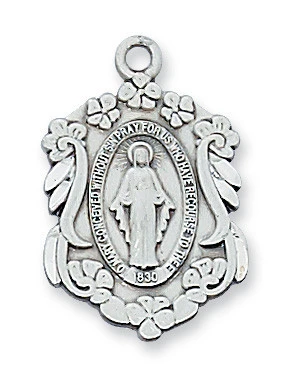 Sterling Silver Miraculous Medal with Clovers on 18" Chain L582
