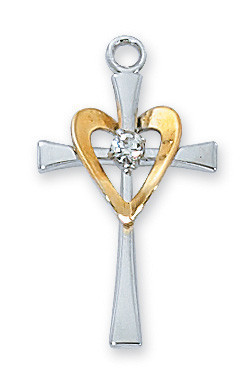 Sterling Silver Cross with Gold Heart on 18" Chain L9117