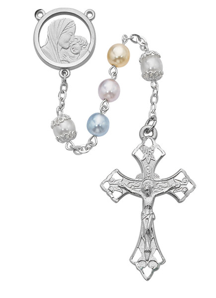 7mm Multicolor Pearl Rosary with Rhodium Crucifix 590RF