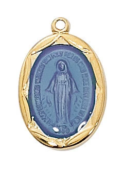 Gold over Sterling Silver Blue Epoxy Miraculous Medal on 16-18" Chain J602