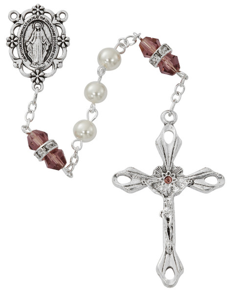 6mm Pearl Rosary with Dark Amethyst-Colored Our Father Beads R917DAG