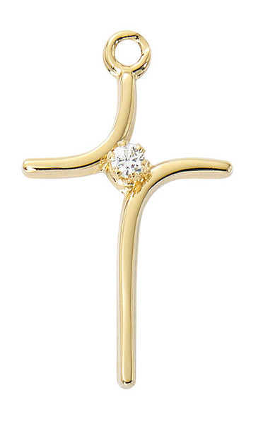 Gold over Sterling Silver Curved Cross with Crystal on 16-18" Chain J9234