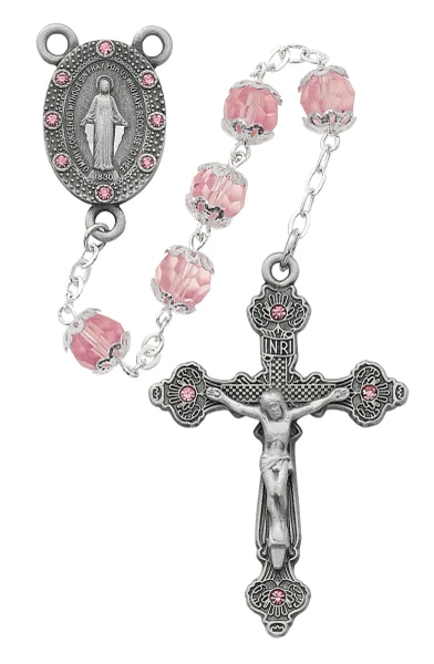 Pink Capped Glass Bead Rosary with Pink Stone Crucifix R606DF