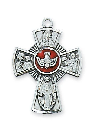Sterling Silver Holy Spirit 4-Way Medal with Red Epoxy on 18" Chain L609E