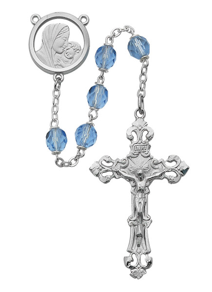 7mm Blue Glass Rosary with Mother and Child Center 596RF