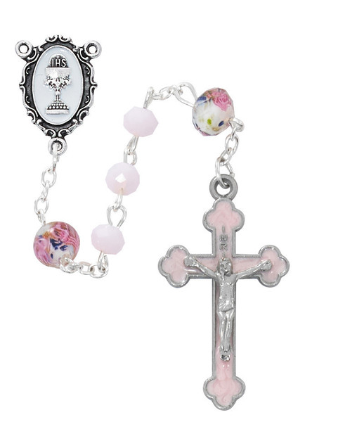 6mm Pink Matte Bead First Communion Rosary with Chalice Center R898W