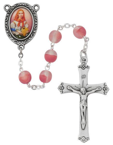 7mm Pink Frosted Glass St. Dymphna Rosary R922F