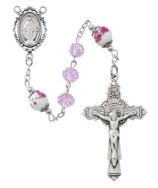 8mm Pink Crystal Miraculous Rosary with Sterling Silver Center and Crucifix R905LF