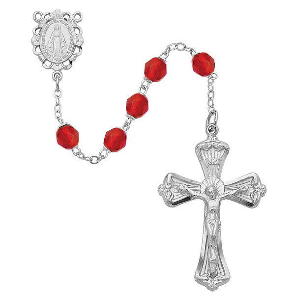 6mm Ruby-Colored Bead Rosary with Rhodium Crucifix 880-RUKF