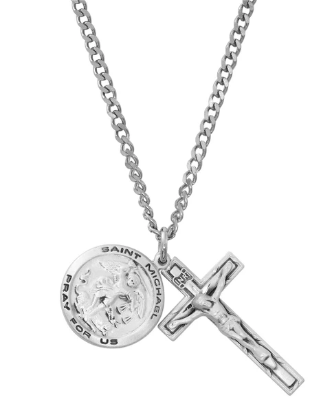 St. Michael Medal and Crucifix Sterling Silver Pendant Set on 24" Chain LD112