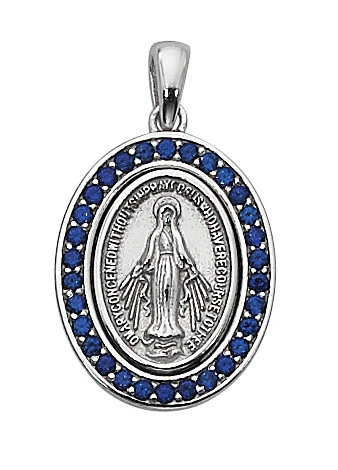 Sterling Silver Blue Stone Miraculous Medal on 18" Chain L698