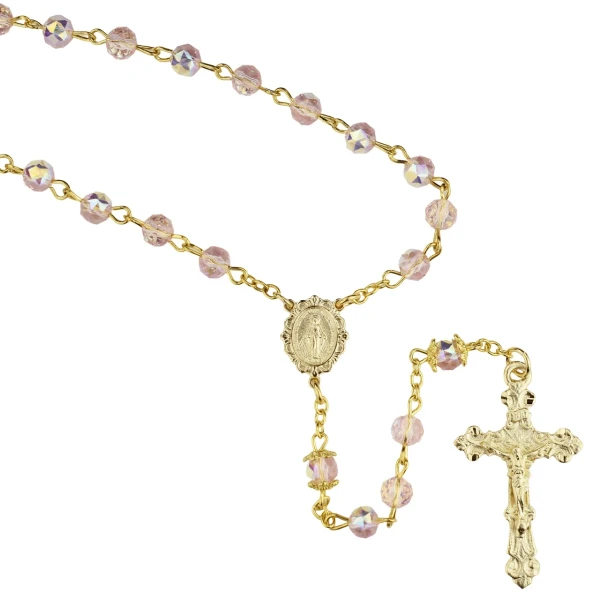 Gold Plated 6mm Pink AB Tin-Cut Crystal Rosary R1037HF