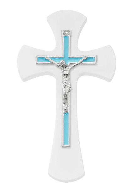 7" White Wood Wall Cross with Blue Crucifix 73-82