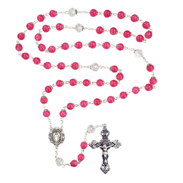Pink and Crystal Capped Bead Rosary with Sterling Silver Crucifix and Center XT112