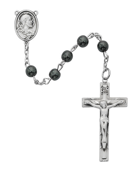6mm Genuine Hematite Rosary with Sterling Silver Crucifix and Center R936LF