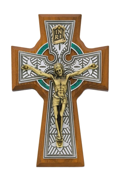 5 1/2" Walnut Wall Crucifix with Green Celtic Cross 80-123