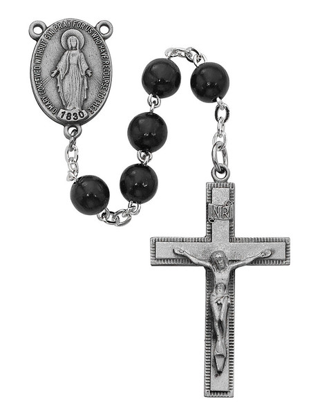 Black Wood Bead Rosary with Pewter Crucifix R434F