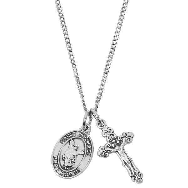 Sterling Silver Crucifix and St. Michael Medal Pendant Set on 16-18" Chain LD103