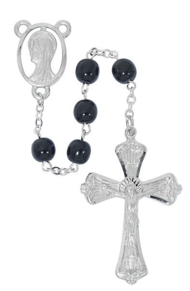 7mm Black Glass Rosary with Rhodium Crucifix R954RF