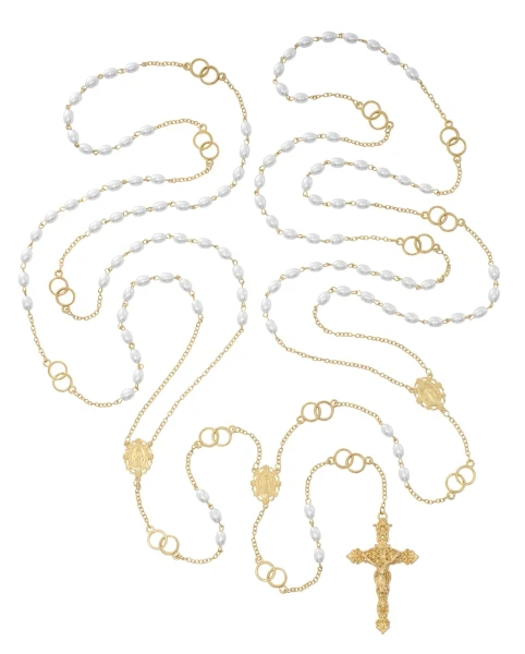 Gold Tone Pearl Wedding Lasso Rosary with Bilingual Holy Card P676R