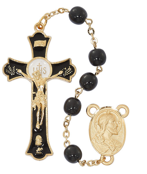 7mm Black Glass Rosary with Holy Mass Crucifix R559HF