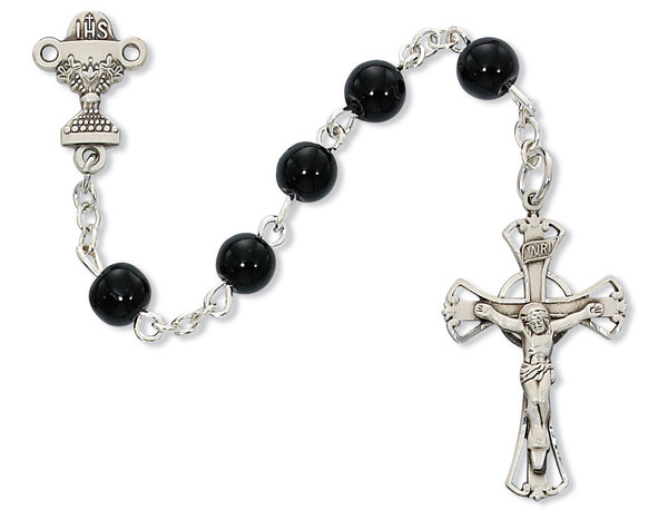 5mm Black Glass First Communion Rosary with Sterling Silver Crucifix and Chalice C15LB