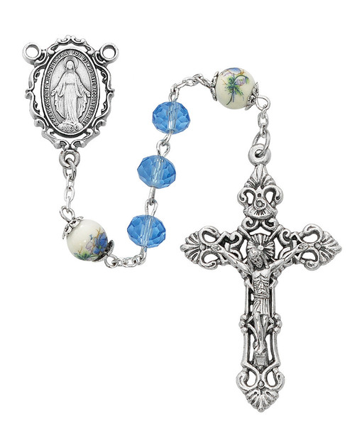 8mm Blue Crystal Miraculous Rosary with Ceramic Our Father Beads R918F