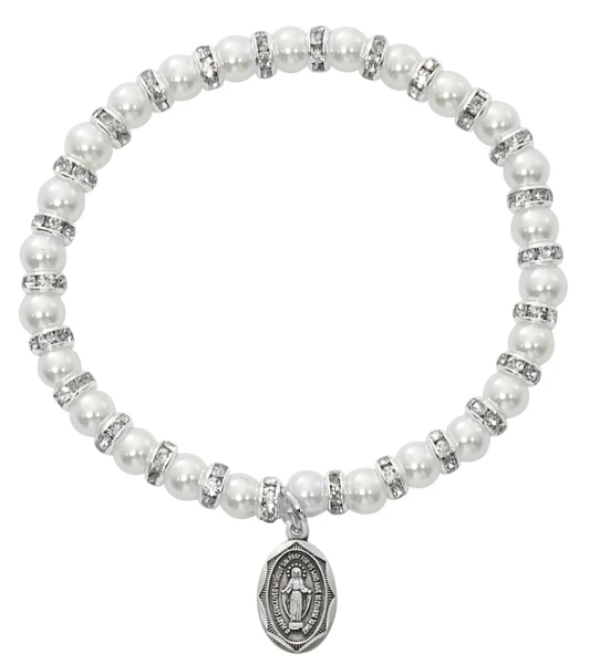 Pearl Baby Stretch Bracelet with Sterling Silver Miraculous Medal BR42