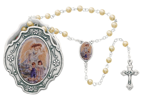 Guardian Angel Pearl Rosary in Keepsake Box 760-93