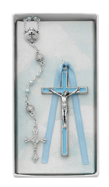 Blue Enamel Crib Crucifix with Blue Pearl and Shell Rosary BS54