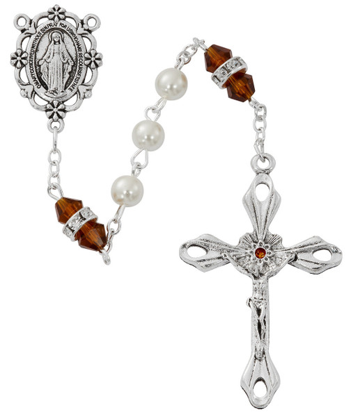 6mm Pearl Rosary with Topaz-Colored Our Father Beads R917TOKF