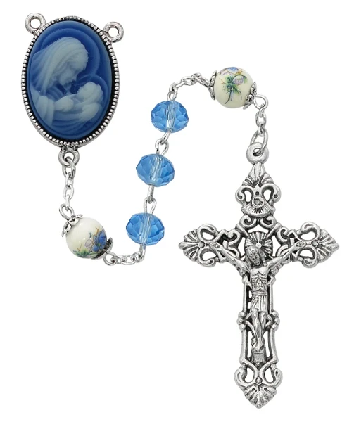 7mm Blue Crystal Mother and Child Cameo Rosary R724F