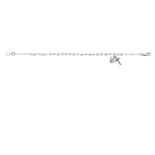 Sterling Silver Pearl Bracelet with Crucifix and Miraculous Medal BR75WM