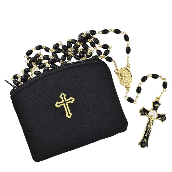 7mm Black Glass Holy Mass Rosary with Pouch R559HP