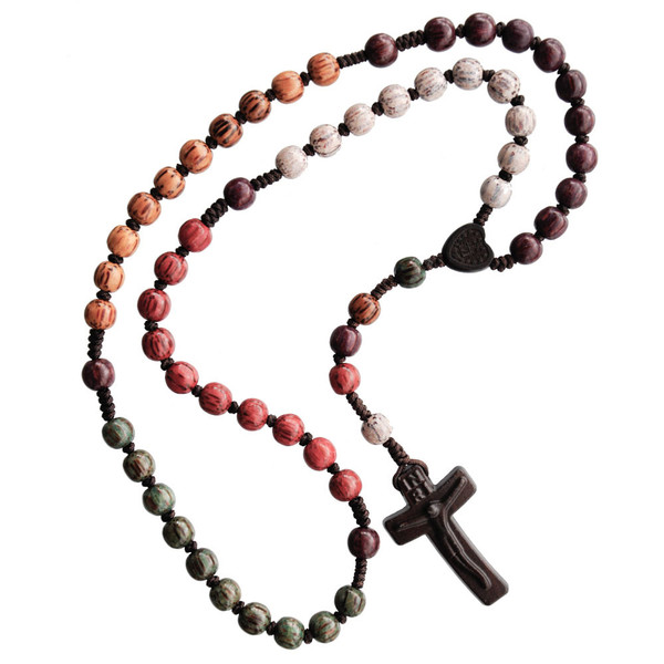 8mm Five Color Wood Bead Corded Rosary, R3457