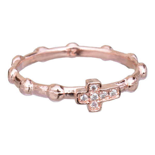 Sterling Silver Pink Gold Plated Rosary Ring with Crystal Cross, RRPG
