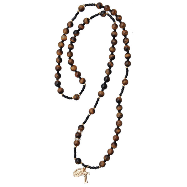 6mm Tiger Eye Rosary Necklace with Crucifix and Miraculous Medal, SN22