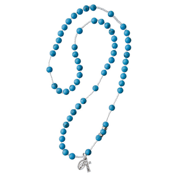 6mm Turquoise Rosary Necklace with Crucifix and Miraculous Medal, SN26
