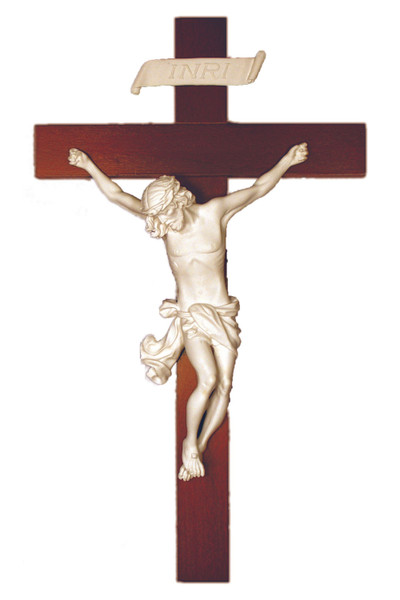 Crucifix in White Alabaster on a Wood Cross 14" MA-660-W