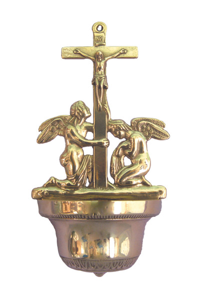 Crucifixion Font with Angels in Shiny Brass 12.25" B-313-L