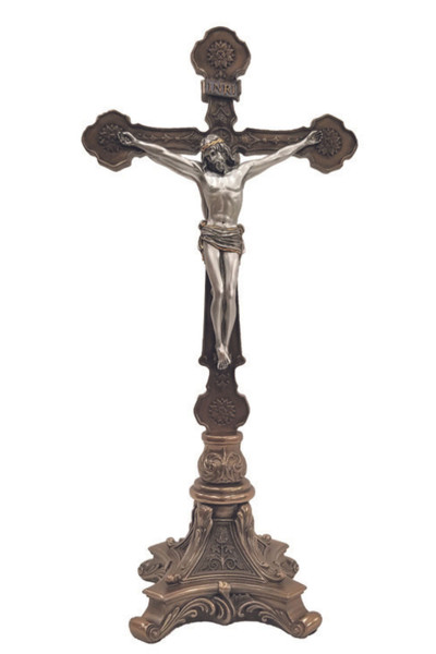Standing Double Sided Crucifix in Two Tone Pewter Style Corpus 12.5" SR-77271-BS