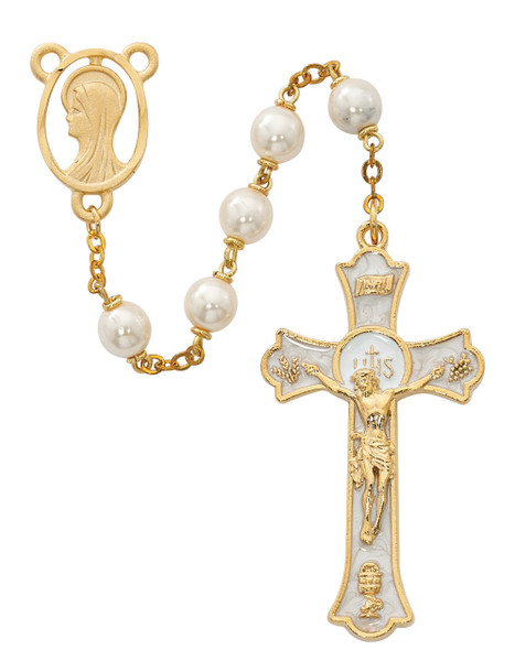 Blessed Virgin Mary Gold Plated Pearl Rosary with Holy Mass Crucifix
