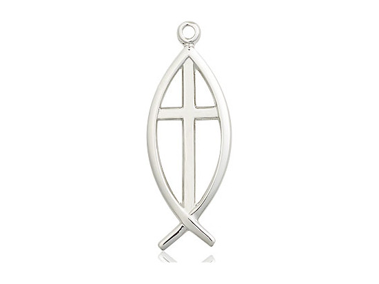 Sterling Silver Fish / Cross Pendant, Stainless Silver Heavy Curb Chain, 1" x 3/8"