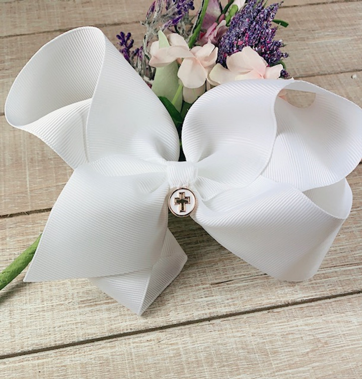 White Clip-In Hair Bow with White Enamel Cross Charm