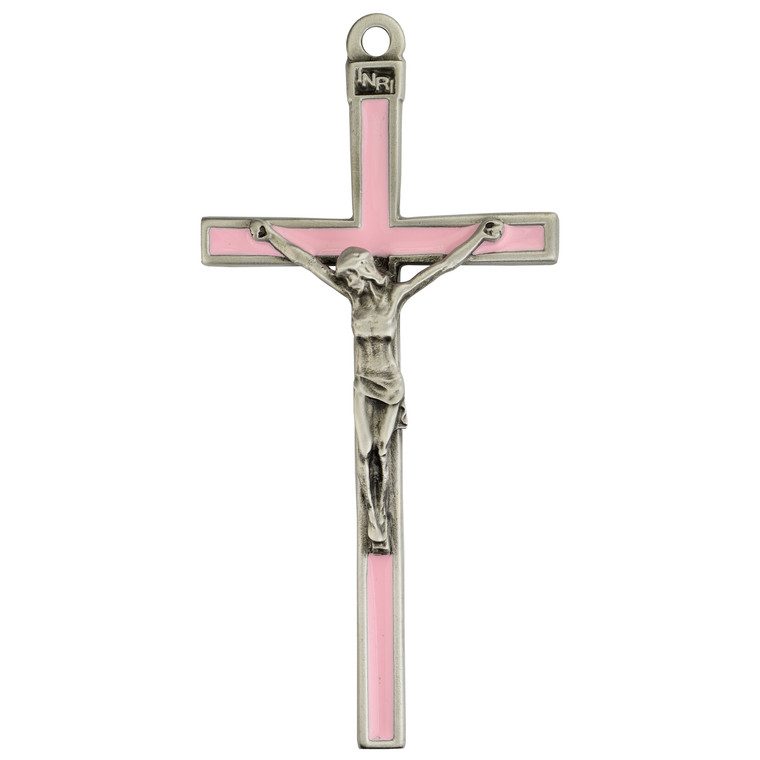 5inch Pink Enamel Silver Crucifix 73-35