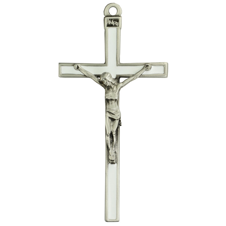 5inch White Enamel Silver Crucifix 73-37