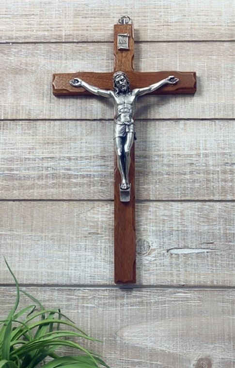 10 inch Wood Cross with Silver Corpus CX98