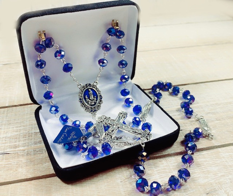 Our Lady of Fatima Blue Crystal Bead Rosary